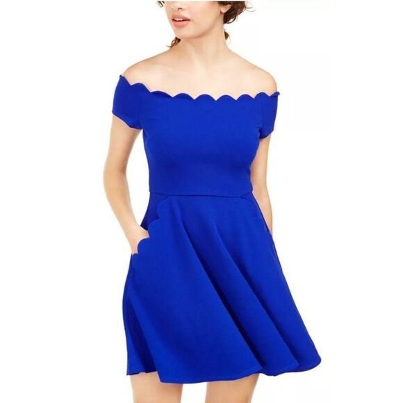 B Darlin A-Line Dress 3 Small Blue‎ Juniors' Off-The-Shoulder NEW - Picture 9 of 12